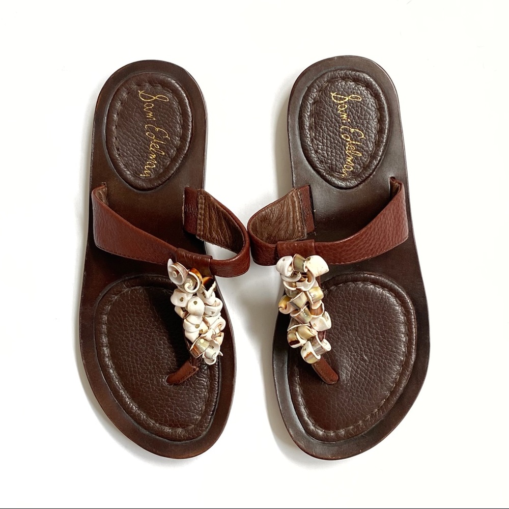 Sam Edelman Bari brown leather white seashell shells t-strap thong sandals flat - Picture 2 of 9